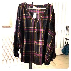 BUTTON V-NECK PLAID TOP long sleeve size 26/28